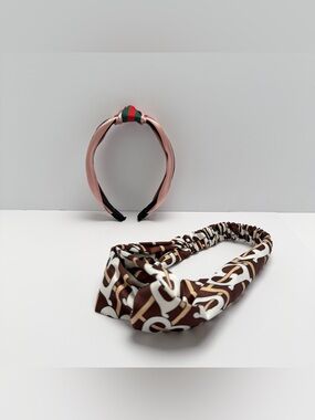 Pink Knot Headband with Green-Red Accent & Brown Patterned Twist Headband Set